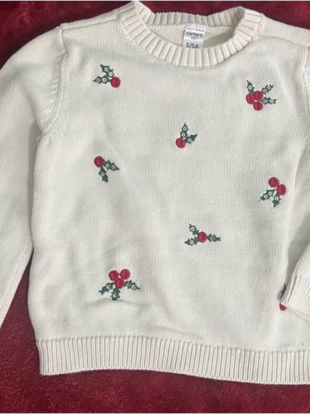 Carter's Cream Sweater with Red Holly Embroidery